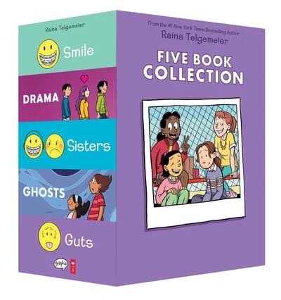 Cover of Raina Telgemeier Collection 5 Book Set Smile Drama Sisters Ghosts Guts Graphic Novels