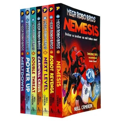 Cover of Mega Robo Bros Series Volume 1-7 Books Collection Set By Neil Cameron(Meltdown, Power Up, Double Threat, Carnival Crisis, Next Level, Robot Revenge & Nemesis)